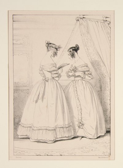 JANUAR 1838. Kleid aus Krepp mit einem Tüllvolant verziert. von Paul Gavarni