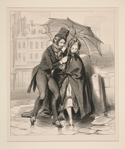 Kein Auto finden und vom Ball zurückkehren, im Morgengrauen, mit einem Regenschirm. von Paul Gavarni