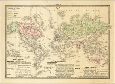 Französische Weltkarte von 1840, die die Territorien der Britischen, Französischen und Russischen Imperien darstellt von Paul Kaeppelin