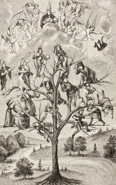 Der Baum der Schlachten. Allegorische Figuren, die die Zwietracht zwischen sozialen Klassen darstellen. Nach einem Manuskript aus dem 15. Jahrhundert von Paul Lacroix