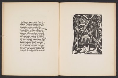Schwarzpappel-Teich, Illustration aus "Places. 7 Drucke reproduziert von Holzschnitten entworfen und graviert von Paul Nash, mit Illustrationen in Prosa". London, William Heinemann von Paul Nash