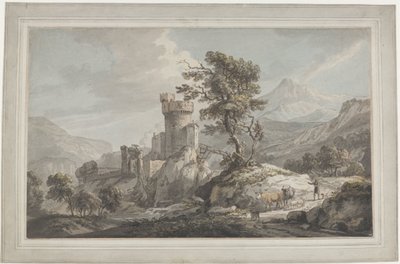 Berglandschaft mit Ruine, einem hohen Baum und Hirte mit Vieh von Paul Sandby