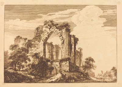 Ruinen mit einem sitzenden Mann und einem bedeckten Wagen in der Ferne von Paul Sandby
