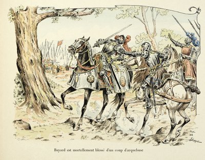 Illustration aus dem Buch „Histoire du chevalier Bayard“ von Theodore Cahu, illustriert von Paul De Semant (1855-1915): Bayard verwundet tödlich mit einem Arkebusenschuss 1524 von Paul de Semant