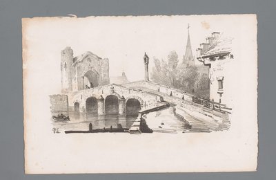 Ansicht einer Brücke mit Tor, im Hintergrund eine Kirche von Paulus Lauters