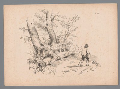 Landschaft mit Bäumen und einem Mann mit Spazierstock und Korb von Paulus Lauters