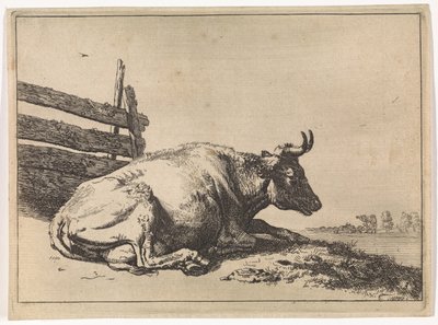 Liegende Kuh bei einem Zaun (Das Bullenbuch) von Paulus Potter