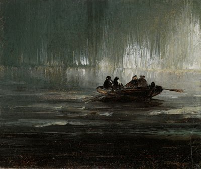 Nordlicht über vier Männern in einem Ruderboot von Peder Balke