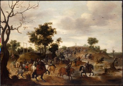 Landschaft mit einer Kavallerieschlacht, Galgen und einer Windmühle im Hintergrund von Peeter Snayers