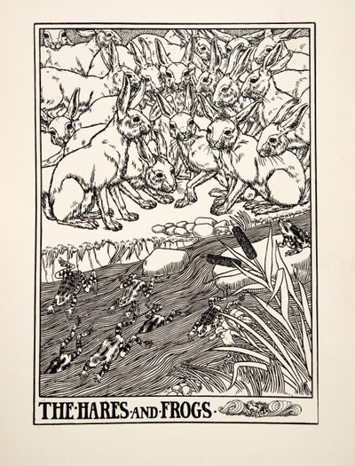 Die Hasen und die Frösche, aus Hundert Fabeln von Äsop, veröffentlicht 1903 von Percy J. Billingshurst