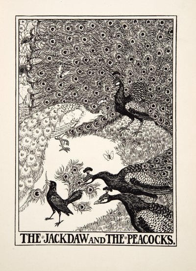 Die Dohle und die Pfauen, aus Hundert Fabeln von Äsop, veröffentlicht 1903 von Percy J. Billingshurst