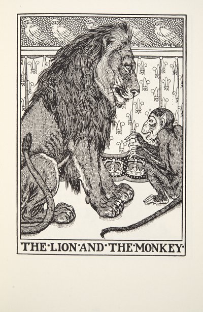 Der Löwe und der Affe, aus Fontaine Fabeln, veröffentlicht 1905 von Percy J. Billingshurst