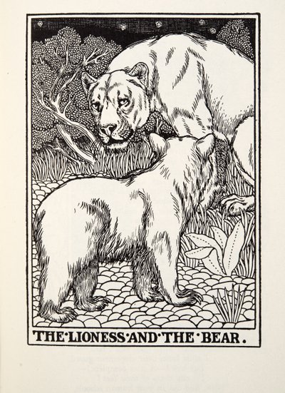 Die Löwin und der Bär, aus Fontaine Fabeln, veröffentlicht 1905 von Percy J. Billingshurst