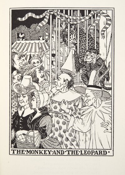 Der Affe und der Leopard, aus Fontaine Fabeln, veröffentlicht 1905 von Percy J. Billingshurst