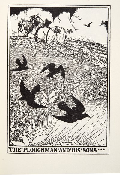 Der Pflüger und seine Söhne, aus Fontaine Fabeln, veröffentlicht 1905 von Percy J. Billingshurst