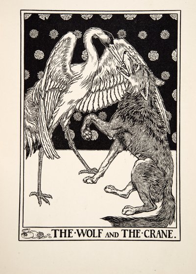 Der Wolf und der Kranich, aus Hundert Fabeln von Äsop, veröffentlicht 1903 von Percy J. Billingshurst