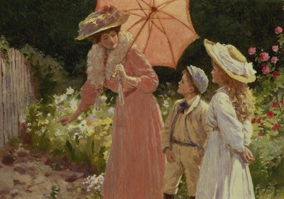 Eine Dame mit einem Sonnenschirm zeigt, wie man ein Erdbeerfass macht von Percy Tarrant