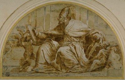 Sitzender Kirchenvater (Heiliger Augustinus?) mit Putti von Perino del Vaga