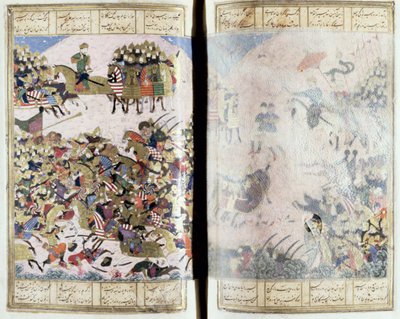 Schlacht zwischen Isfandiyar und Arjasp, Illustration aus dem Shahnama (Buch der Könige) von Abul-Qasim Manur Firdawsi (ca. 934-ca. 1020) ca. 1440-45 von Persian School
