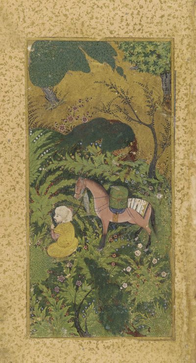 Wartender Bräutigam mit Pferd in einem bewaldeten Hain, wahrscheinlich Tabriz, Turkmenen-Dynastie, um 1500 von Persian School