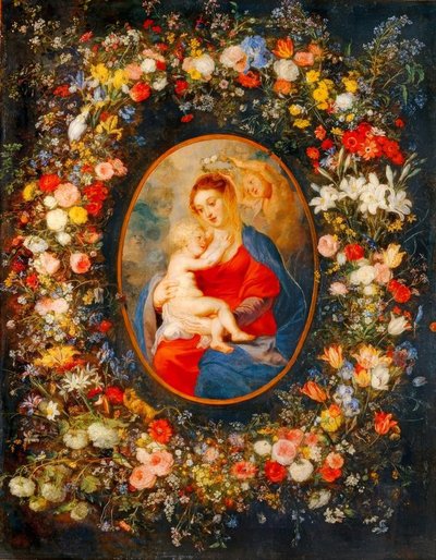 Die Jungfrau, das Jesuskind und Engel inmitten eines Blumenkranzes von Peter Paul Rubens