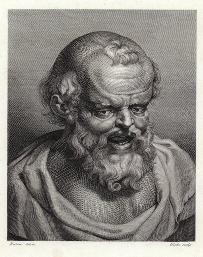 Porträt des antiken griechischen Philosophen Demokrit (Punktstich) von Peter Paul Rubens