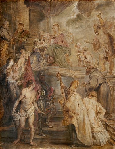 Die mystische Hochzeit der hl. Katharina (Farbskizze für den Altar der Kirche der Augustiner in Antwerpen), verso: Zwei Kavalleriegefechte von Peter Paul Rubens