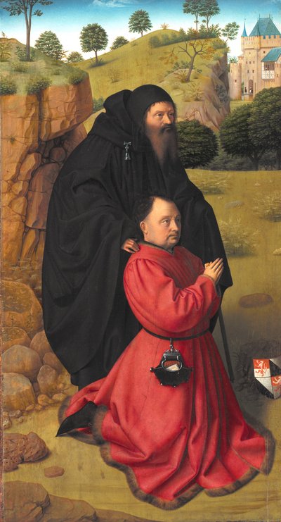 Altarbild mit einem Porträt eines Spenders in Scharlach unter dem Schutz von St. Antonius von Petrus I Christus