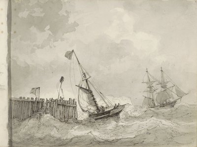 Zwei Segelschiffe an einem Anlegeplatz von Petrus Johannes Schotel (circle of)