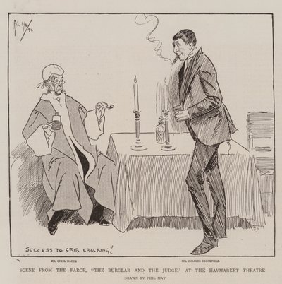 Szene aus der Farce, Der Einbrecher und der Richter, im Haymarket Theatre von Phil May