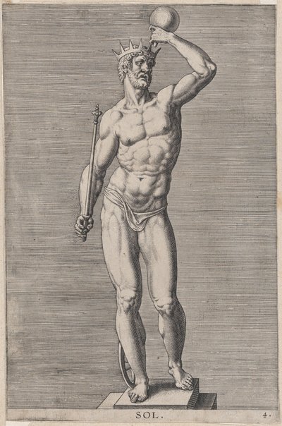 Platte 4: Apollo, Statue des nackten Gottes auf einem Sockel, mit einer Krone und einem... von Philip Galle
