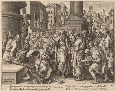 Der heilige Paulus heilt den Lahmen in Lystra von Philip Galle after Jan van der Straet