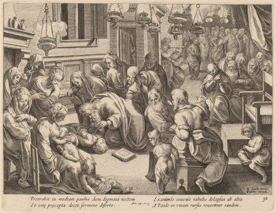 Der Sturz des Eutychus von Philip Galle after Jan van der Straet