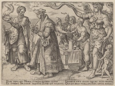 Ehre, Glanz, Parasiti, Fama (Die trügerischen Wirkungen des Reichtums) von Philip Galle, after Maerten van Heemskerck