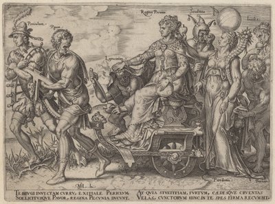 Periculum, Pauor, Latrocinium, Regina Pecunia, Stultitia, Invidia (Gefahren und Laster, die Reichtum begleiten) von Philip Galle, after Maerten van Heemskerck