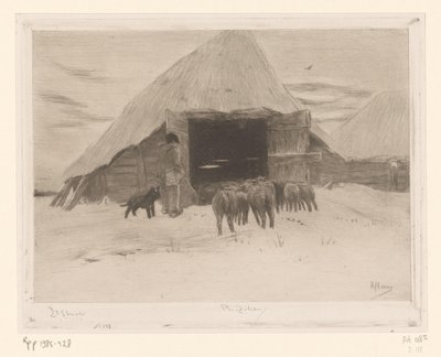 Hirte führt eine Schafherde in eine Scheune von Philip Zilcken (signed by artist)
