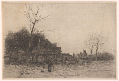 Alte Frau auf einem Feld bei einem Bauernhof von Philip Zilcken