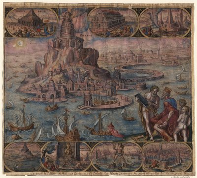 Der Leuchtturm von Alexandria aus der Serie Die acht Weltwunder nach Maarten van Heemskerck, 1572 von Philipp Galle