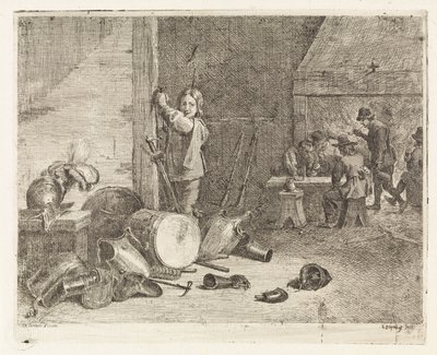 Interieur mit Junge bei einer Trommel und Rüstung von Philippe Lambert Joseph Spruyt