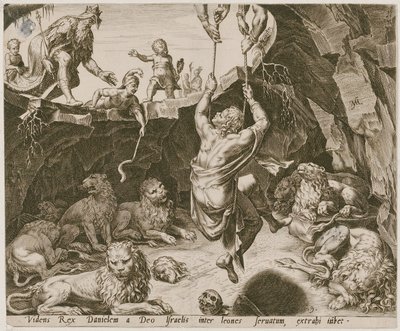 Daniel wird aus der Löwengrube befreit, Blatt 9 der Folge "Die Geschichte von Daniel, Bel und dem Drachen" von Philips Galle