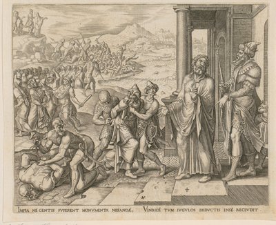 Ergreifung und Tötung der Priester Baals, Blatt 4 der Folge "Die Geschichte von Elias und den Priestern von Baal" von Philips Galle