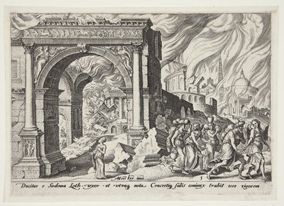 Lot und seine Familie verlassen das brennende Sodom von Philips Galle