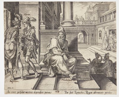 Mordechai belauscht den Verrat von Bigthan und Teresch von Philips Galle
