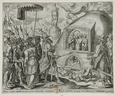 Nebukadnezar sieht die drei Juden unversehrt in den Flammen von Philips Galle