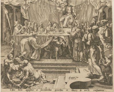 Priester des Bel essen und trinken im Tempel [Blatt 4] und Daniel füttert den Drachen [Blatt 7], Blätter 4 und 7 der Folge "Die Geschichte von Daniel, Bel und dem Drachen" von Philips Galle