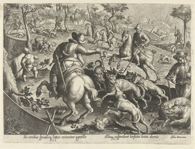 Wolfsjagd mit Speeren
Jagdszenen (Serientitel)
In quibus omne genus venationis, aucupij, piscatusque (Serientitel) von Philips Galle