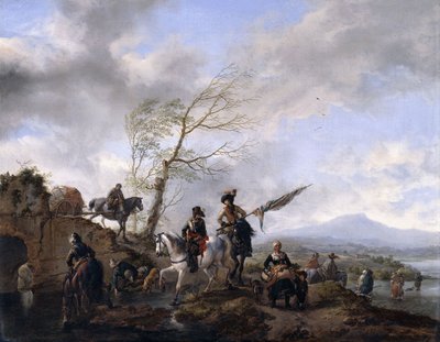 Eine weite Flusslandschaft mit Soldaten und einem Standartenträger, die ihre Pferde tränken von Philips Wouwerman