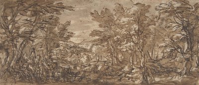 Waldszene, ein Halt links, eine Jagd in der Mitte, 1612-66 von Pier Francesco Mola