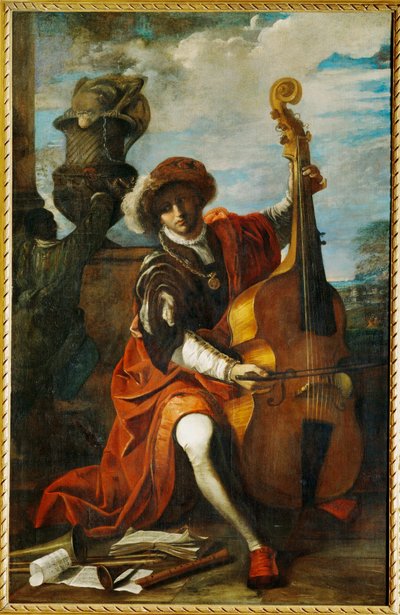 Junger Musiker mit einer Viola da Gamba, möglicherweise der berühmte Musiker der Cappella Pontifica Bonaventura Argenti von Pier Francesco Mola