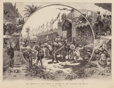 Karneval in Nizza, Blumenschlacht auf der Promenade des Anglais (Stich) von Pierra Comba